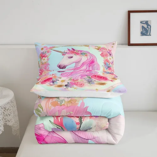 Miniatura 5 de Erosebridal Juego de ropa de cama de unicornio para niñas, tamaño individual, edredón de plumón kawaii para niñas, lindo juego de edredón de caballo