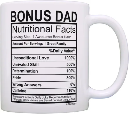 Taza del día del padre para padrastro con etiqueta de datos nutricionales de 11 oz, taza de café de cerámica, taza de té, color blanco