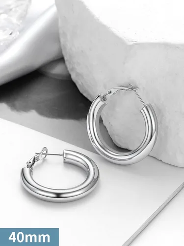 Miniatura 6 de Aretes de aro gruesos de acero inoxidable para mujer, minimalistas y elegantes, chapados en negrooro, aretes redondos hipoalergénicos, tamaño 1.181