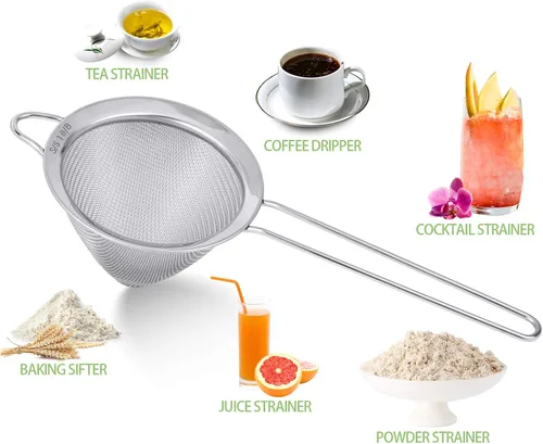 Miniatura 8 de Paquete de 2 coladores de alimentos pequeños de acero inoxidable 18/8, tamiz de malla fina con mango largo, colador de cóctel para cócteles, hierbas