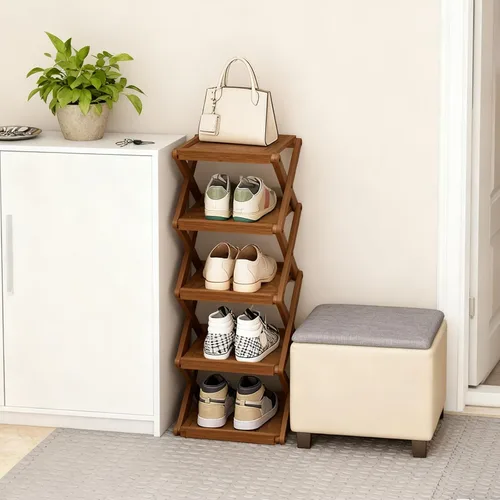 Miniatura 2 de YYW Zapatero plano de bambú para entrada, sin instalación y plegable, pequeño zapatero vertical, ahorra espacio, zapatero estrecho para armario