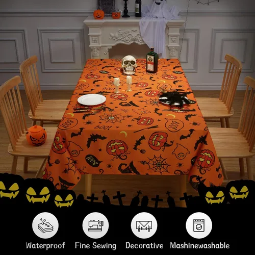 Miniatura 5 de CAROMIO Mantel de Halloween, tela de araña y calabaza, mantel impermeable de telaraña de murciélago y fantasma, decoración de mesa de Halloween
