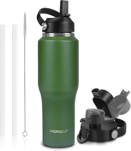 Miniatura 25 de ABOTOCUP Botella de agua de 40 onzas, botella de agua aislada con asa y tapas con popote, botella de agua de acero inoxidable que cabe en cualquier