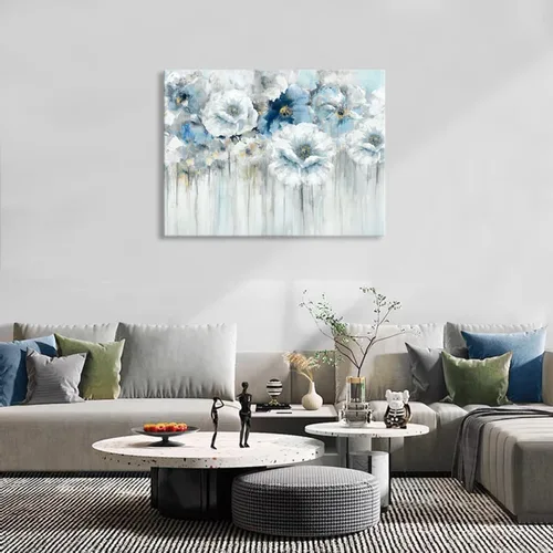 Miniatura 5 de Cuadro de flores para sala de estar, arte de pared floral azul y blanco sobre lienzo con detalles dorados para decoración de dormitorio gris, 32 x