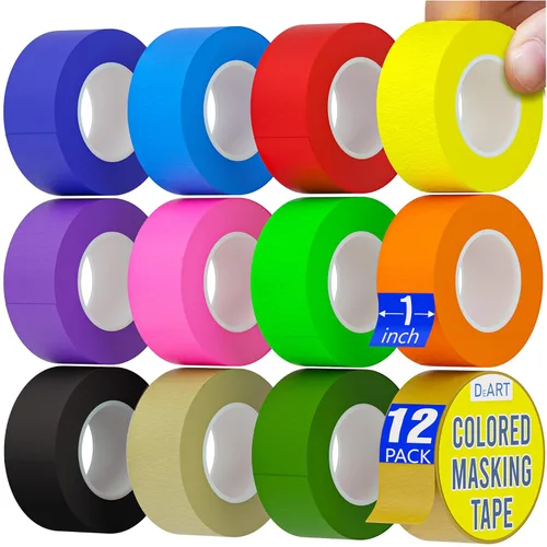Miniatura 13 de DEART Cinta adhesiva de colores para pintores, 12 o 8 unidades, 1 pulgada o 0.6 pulgadas, suministros de arte para niños, codificación, pizarra