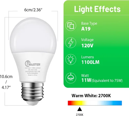 Miniatura 2 de Bombilla LED A19, bombilla LED equivalente a 75 W, 11 W 2700 K luz blanca cálida, 1100 lúmenes, bombillas no regulables, CRI 85+, sin parpadeo
