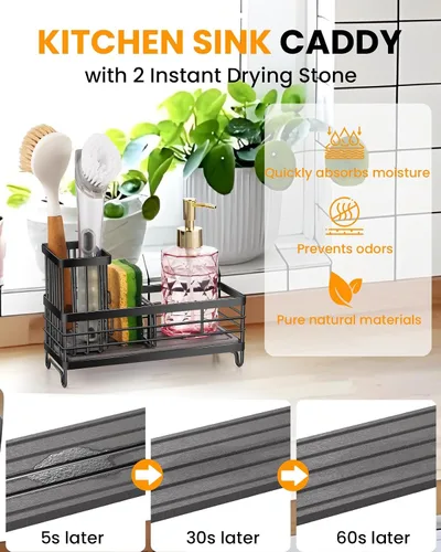 Miniatura 2 de Organizador de fregadero de cocina con bandeja de fregadero de piedra de diatomita absorbente de agua, organizador de fregadero de secado rápido