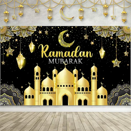 Boyiee Decoración de Ramadán Mubarak, telón de fondo musulmán Ramadán Kareem, letrero de Eid Mubarak, fondo de cabina de fotos para el hogar, Negro