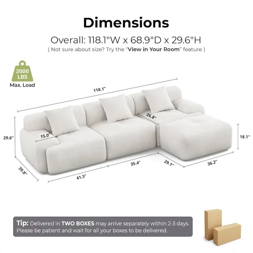 Miniatura 2 de LIKIMIO LumiCord 118" Tufted Modular Sectional Sofa with Ottoman, Modern L-Shaped Boneless Couch for Living Room, 26.8" Deep Seat, 18.1" High