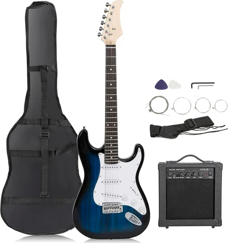 Guitarra eléctrica de tamaño completo de 39 pulgadas, kit de iniciación para principiantes con amplificador de 10W, púas, cuerdas, barra de trémolo,