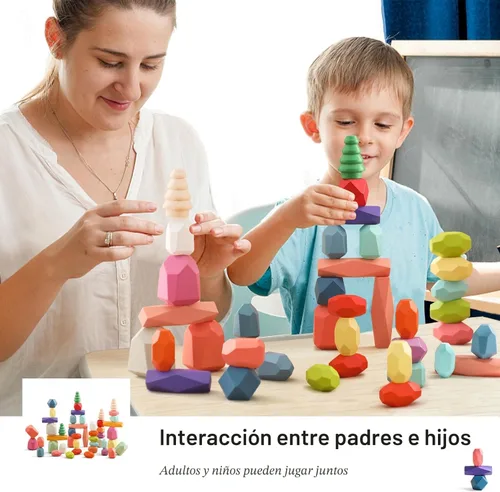 Miniatura 5 de OESSUF 48 piezas de bloques apilables, piedras apilables de equilibrio, juguetes de construcción de madera, juego de apilamiento de piedra de madera