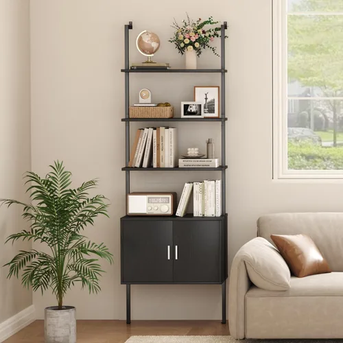 Miniatura 8 de Yusong Estantería alta de 73" con gabinete, estantería tipo escalera para montaje en pared con marco de madera y metal, estantería para plantas
