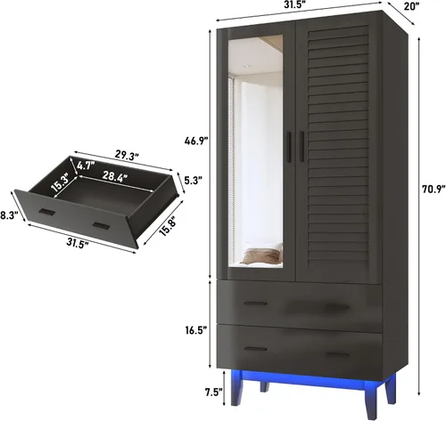 Miniatura 2 de Hlivelood Armario Ropero Closet de 2 Puertas con Espejo, Cajones y Luces LED, Estantes de Múltiples Niveles, Barra Colgante y 2 Puertas de Persiana