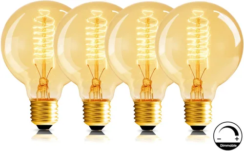 Bombilla Edison G80, paquete de 4 bombillas Edison vintage, 60 W, 2700 K, 110 V, filamento en espiral, base E26, ámbar suave, regulable, bombillas