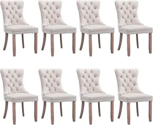 Miniatura 17 de SoarFlash Juego de 2 sillas de comedor de tela de lino, sillas de comedor tapizadas con ribete de cabeza de clavo y patas de madera de color claro
