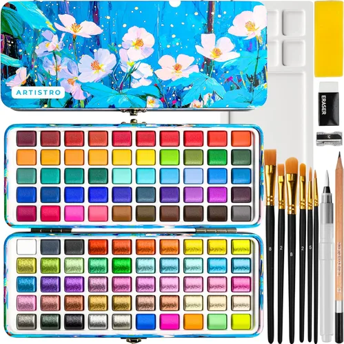 Miniatura 9 de ARTISTRO Juego de pintura de acuarela de 50 colores, kit de arte de pintura portátil con paleta y bolígrafos de pincel, juego de acuarela de viaje