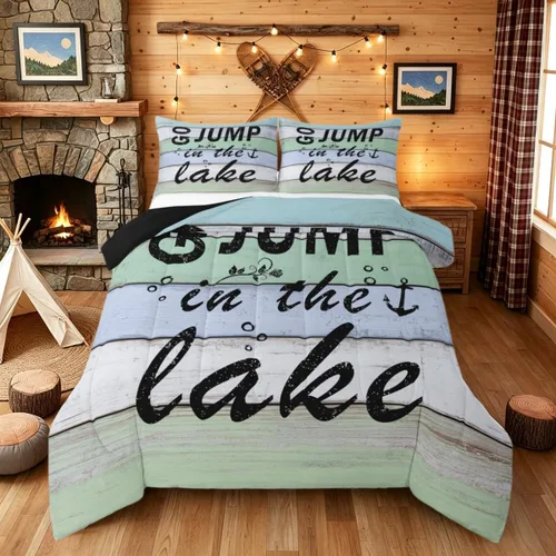 Miniatura 53 de Juego de ropa de cama King para casa del lago, juego de edredón de paleta de madera retro para regalos para amantes del lago, inserto de edredón