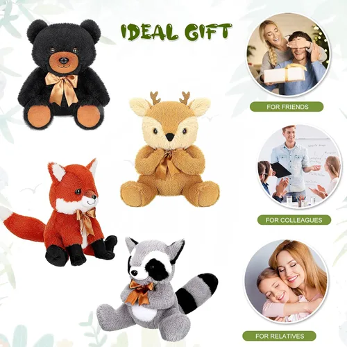 Miniatura 6 de Zomiboo Juego de 4 piezas de animales de peluche del bosque, de la selva, incluye peluche de alce, zorro, mapache, oso, realista, negro, animales
