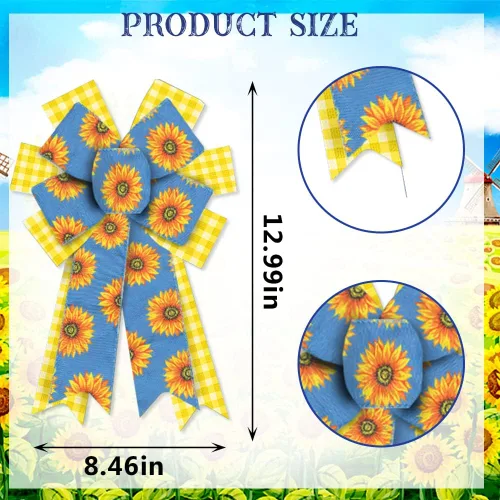 Miniatura 2 de Estivaux 2 lazos de girasoles de primavera para corona, lazos de corona de verano, lazos amarillos y blancos a cuadros, lazos de arpillera azules