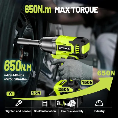Miniatura 2 de Llave de impacto inalámbrica de 1/2 pulgada, herramienta de impacto de alta potencia sin escobillas de 480 pies-libra (650 N·m) con batería