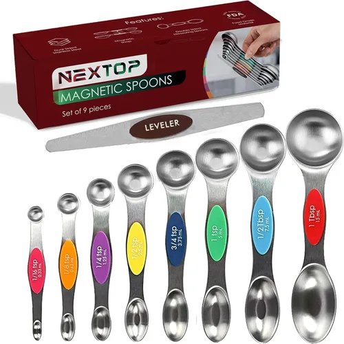Miniatura 10 de Juego de 9 cucharas medidoras magnéticas de acero inoxidable, apilables, de doble cara, cucharas medidoras para medir ingredientes secos y líquidos