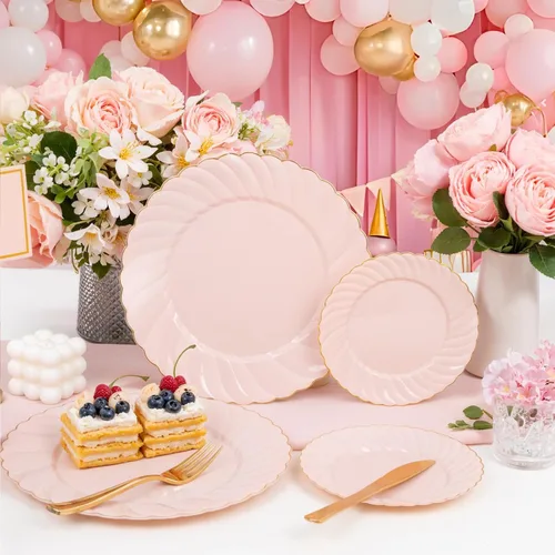 Miniatura 10 de YOUBET 125 platos de plástico rosa con borde dorado, juego de platos de plástico festoneados que incluye 25 cenas, 25 platos de postre, 75 cubiertos