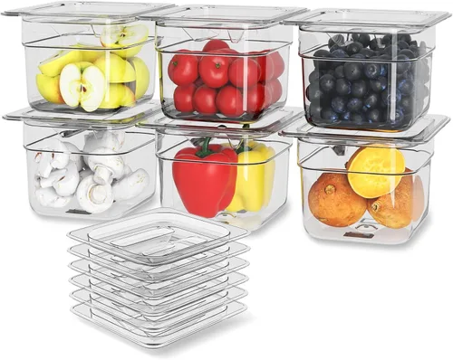 Paquete de 6 sartenes de plástico para alimentos con tapa, tamaño 1/6, 4 pulgadas de profundidad, recipientes transparentes para almacenamiento de 6