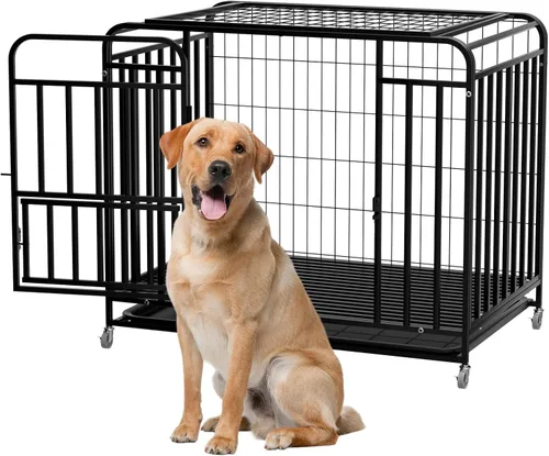 Jaula resistente y fácil de limpiar de 42 pulgadas con doble puerta extraíble, a prueba de escapes, jaula grande para perros con ruedas con