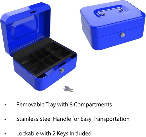Miniatura 3 de Stalwart 75-6580BLU Hawk - Caja de efectivo azul con cerradura de llave de 8 pulgadas con bandeja para monedas