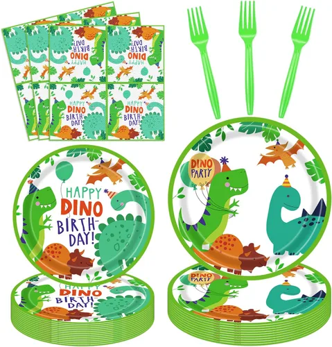 Juego de 160 platos para fiesta de cumpleaños de dinosaurio, platos de feliz cumpleaños, platos, servilletas de dinosaurio T-Rex para decoración de