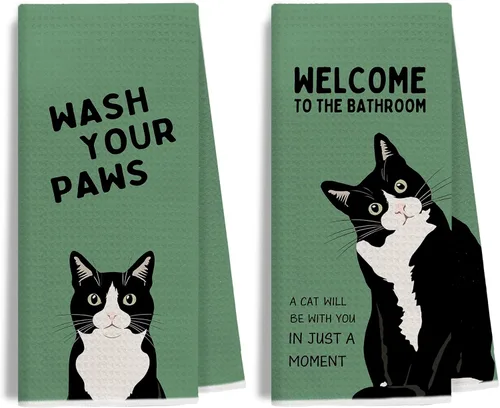 Miniatura 7 de Divertidas toallas de mano de baño con esmoquin rosa, decoración de baño para gato, toallas de mano de gatito blanco y negro para baño, 16 x 24
