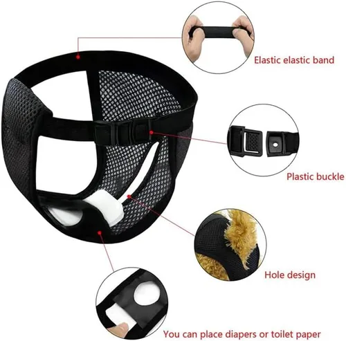 Miniatura 2 de Pañales grandes lavables para perras, bandas transpirables y ajustables para el vientre para el hogar (negro y azul, L)