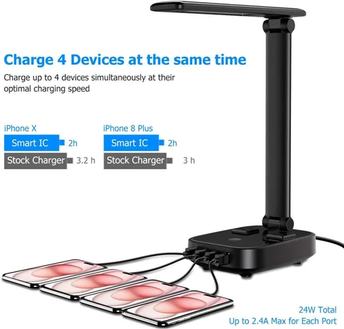 Miniatura 4 de Yostyle Lámpara de escritorio LED con 4 puertos de carga USB y 2 salidas de CA, estación de tira de alimentación con cable de extensión de 5 pies