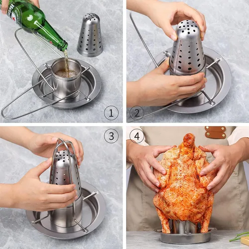 Miniatura 6 de AMOZO Soporte para pollo para latas de cerveza para parrilla y ahumador, soporte para pollo de acero inoxidable 304 de alta calidad, tostadores