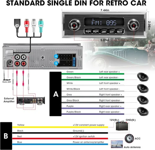 Miniatura 6 de Estilo retro clásico Radio de coche - ABSOSO Bluetooth de una sola ranura Vintage Estéreo - Sintonizador AM FM USB AUX Entrada 4.1 CHN Salida