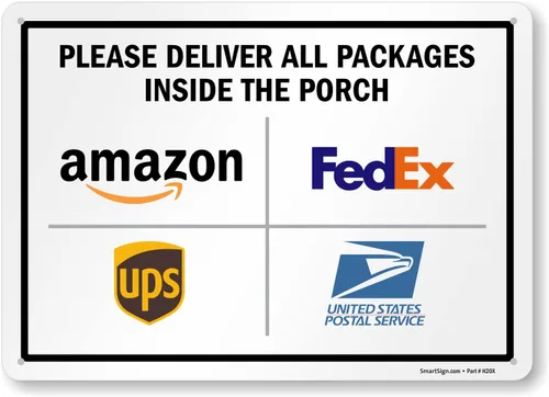 SmartSign Letrero de metal con logotipo de entrega, 10 x 14 pulgadas, con texto en inglés "Please Deliver All Packages Inside The Porch", aluminio