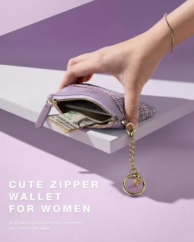 Miniatura 3 de Monedero delgado con llavero minimalista con cremallera bolsa de cambio billetera Rfid bloqueo tarjeta de crédito cartera, Púrpura, Minimalista