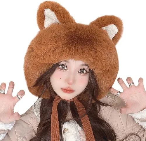 Miniatura 6 de Gorro de invierno de piel sintética para mujer, con orejas de gato de zorro, con orejera, pompón, sombrero de trampero de felpa cálida rusa
