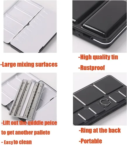 Miniatura 2 de Jinberry Lata de acuarela de metal con paleta de mezcla plegable, paleta de acuarela vacía multifuncional con sartenes, paleta de bandeja de pintura