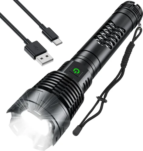 Linterna LED súper brillante Weoxi, 1000000 lúmenes recargables con mango largo, batería de 10000mAh, 5 modos con zoom para camping al aire libre,