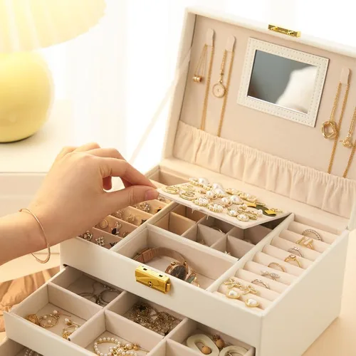 Miniatura 6 de HALUS HAUNTER Joyero organizador de cuero sintético con cajón, joyero grande con forro de terciopelo, organizador de aretes y organizador de joyas