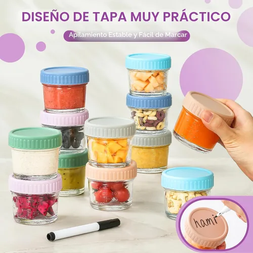 Miniatura 5 de DRKIO Paquete de 12 recipientes de vidrio para almacenamiento de alimentos para bebés, tarros de comida para bebés de 4 onzas con tapas, para 4 Oz