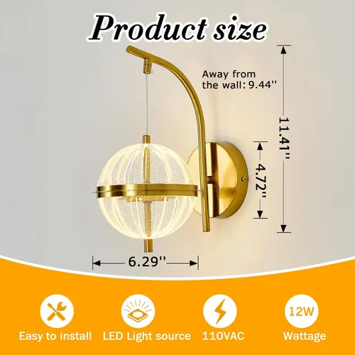 Miniatura 2 de UOFUS Aplique de pared dorado con pantalla acrílica de globo de mediados de siglo, moderna lámpara de pared LED de 12 W, 3000 K/4000 K/6000 K