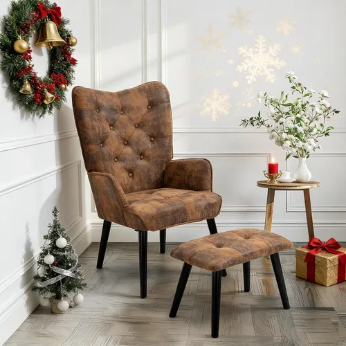 Miniatura 6 de ECOTOUGE Silla decorativa rústica con otomana, silla de respaldo de ala de microfibra alta con brazos, silla de lectura para sala de estar