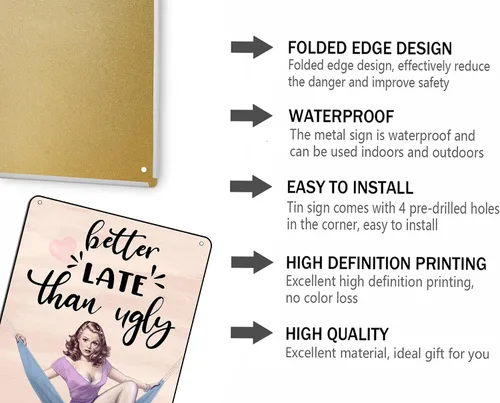 Miniatura 4 de Letrero decorativo de baño Pin Up Girl Metal Tin Sign Better Late Than Ugly Retro Decoración de pared para decoración de baño, dormitorio, vestido