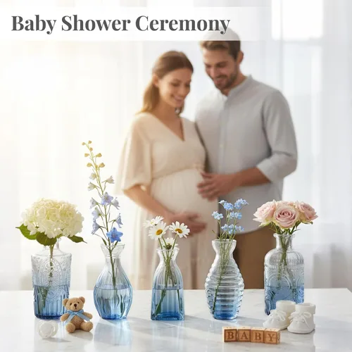 Miniatura 8 de Paquete de 12 jarrones de flores azules BEAHOT para decoración de boda, jarrón de cristal para decoración de mesa, jarrón pequeño para el hogar, día