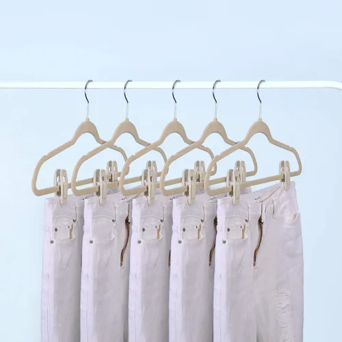 Miniatura 5 de Trgowaul Perchas de terciopelo - Clips fuertes para pantalones delgados (20 unidades, beige)