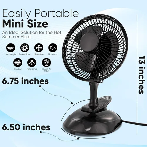 Miniatura 2 de RamPro Escritorio portátil y ventilador de clip, ventiladores de 6 pulgadas, enchufe pequeño y silencioso, pequeño ventilador de refrigeración Negro