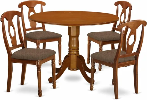 East West Furniture DLNA5-SBR-C - Juego de mesa y sillas de cocina de 5 piezas, incluye una mesa de comedor redonda con gotas y 4 sillas tapizadas