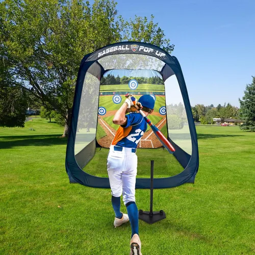 Miniatura 3 de MACCABI Art - Entrenador de práctica de béisbol/softbol emergente de 8 pies con fondo de golpeo y lanzamiento integrado, camiseta de bateo